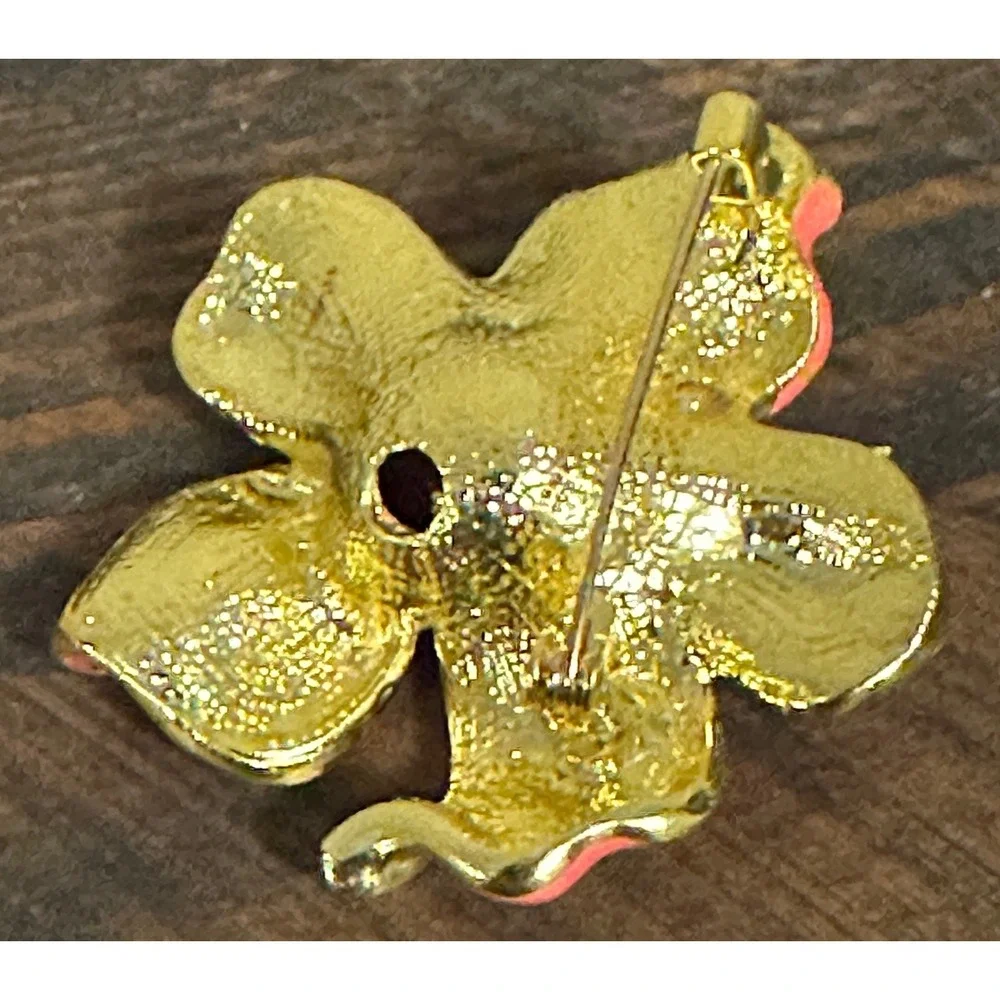 Vtg Hibiscus Flower Brooch Coral Pink Red Enamel Rhinestone Gold Tone Floral Pin